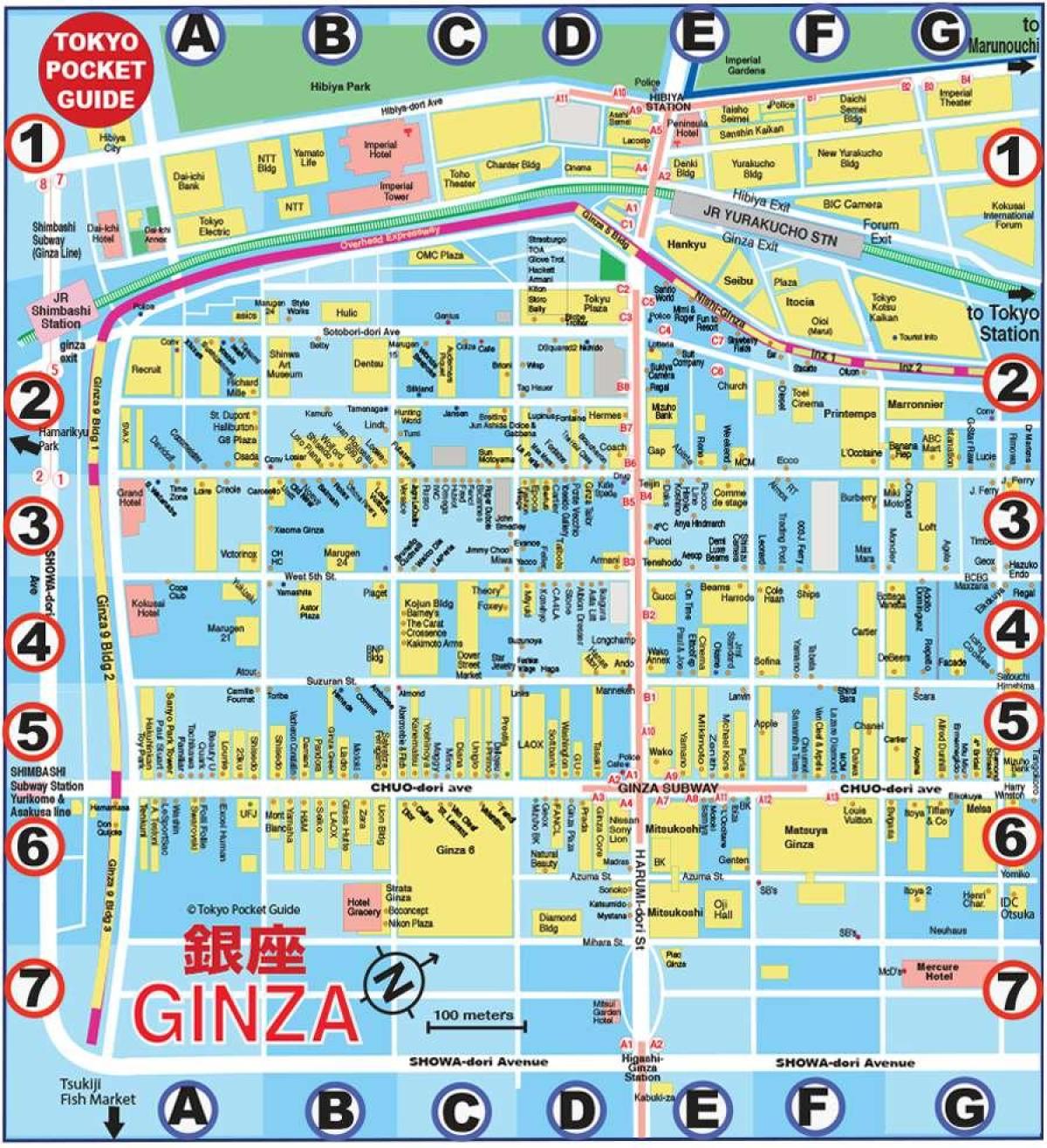 mapa de Ginza em Tóquio em inglês