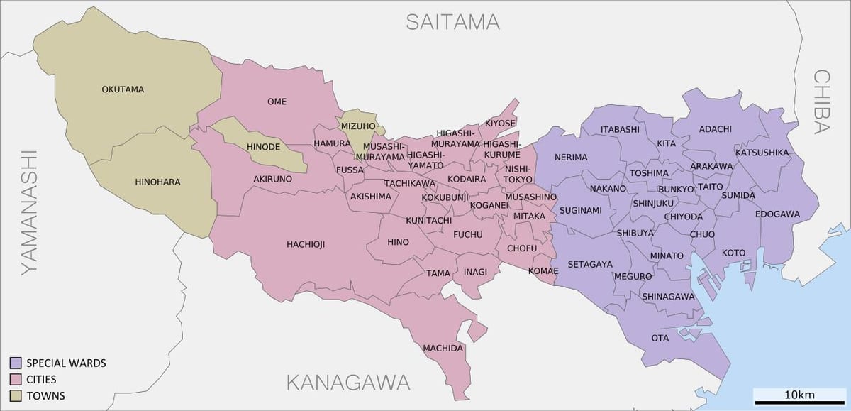 mapa de Tóquio prefeituras